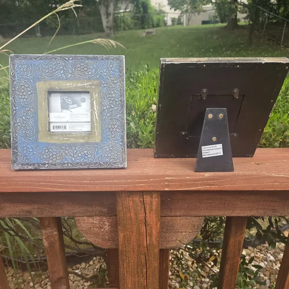 Threshold Set of 2 Distressed Blue Silver Photo Frames 8x8 Western Boho 3x3